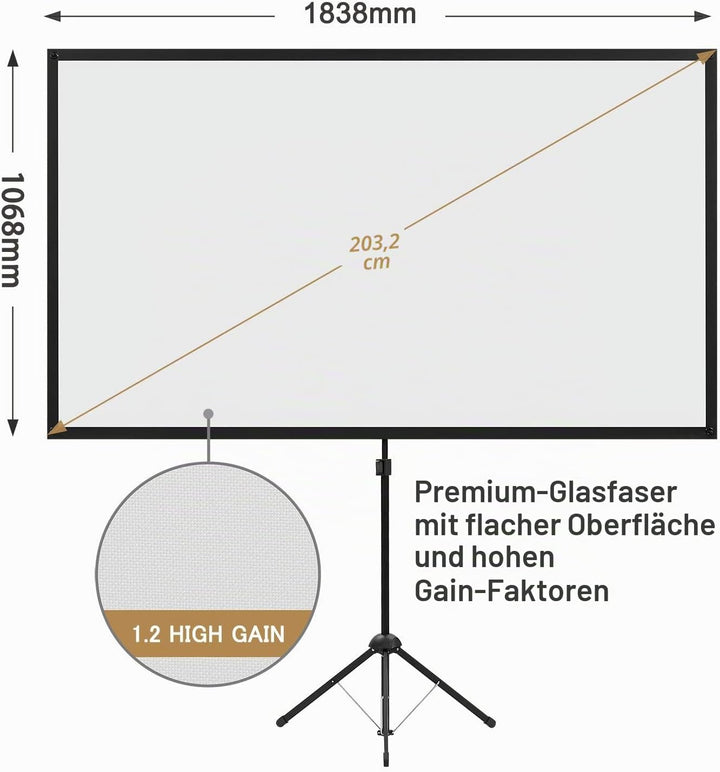 Beamer Leinwand mit Stativ, Tragbar Projektor Leinwand 80 Zoll, 16:9, 4K HD Projektion Leinwand, Lei