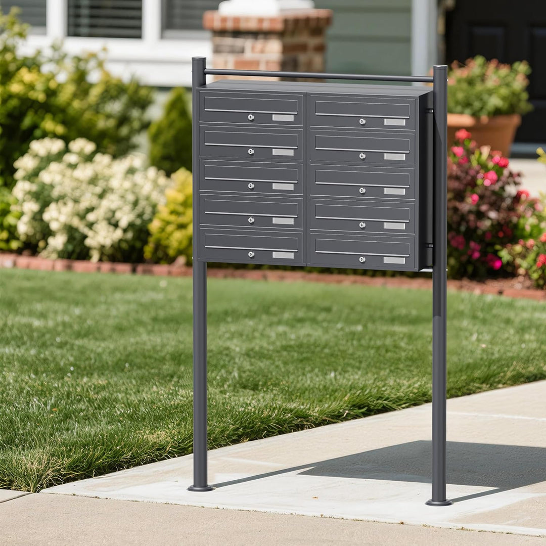 Wiltec 10er Briefkastenanlage Anthrazit 898 x 270 x 1500 mm, Standbriefkasten mit 2x5 Fächern, Schlü