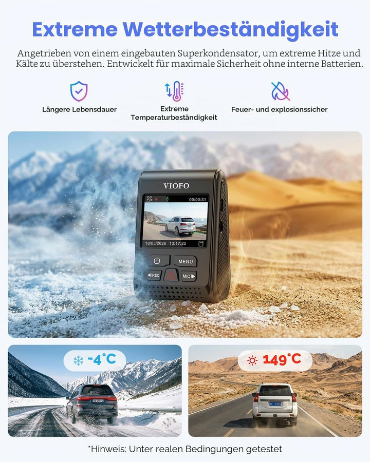 VIOFO A119 V3 Dashcam 2K 60fps mit GPS, 24 Std. Puffer Parkmodus Autokamera, Nur Frontscheibe 2560x1