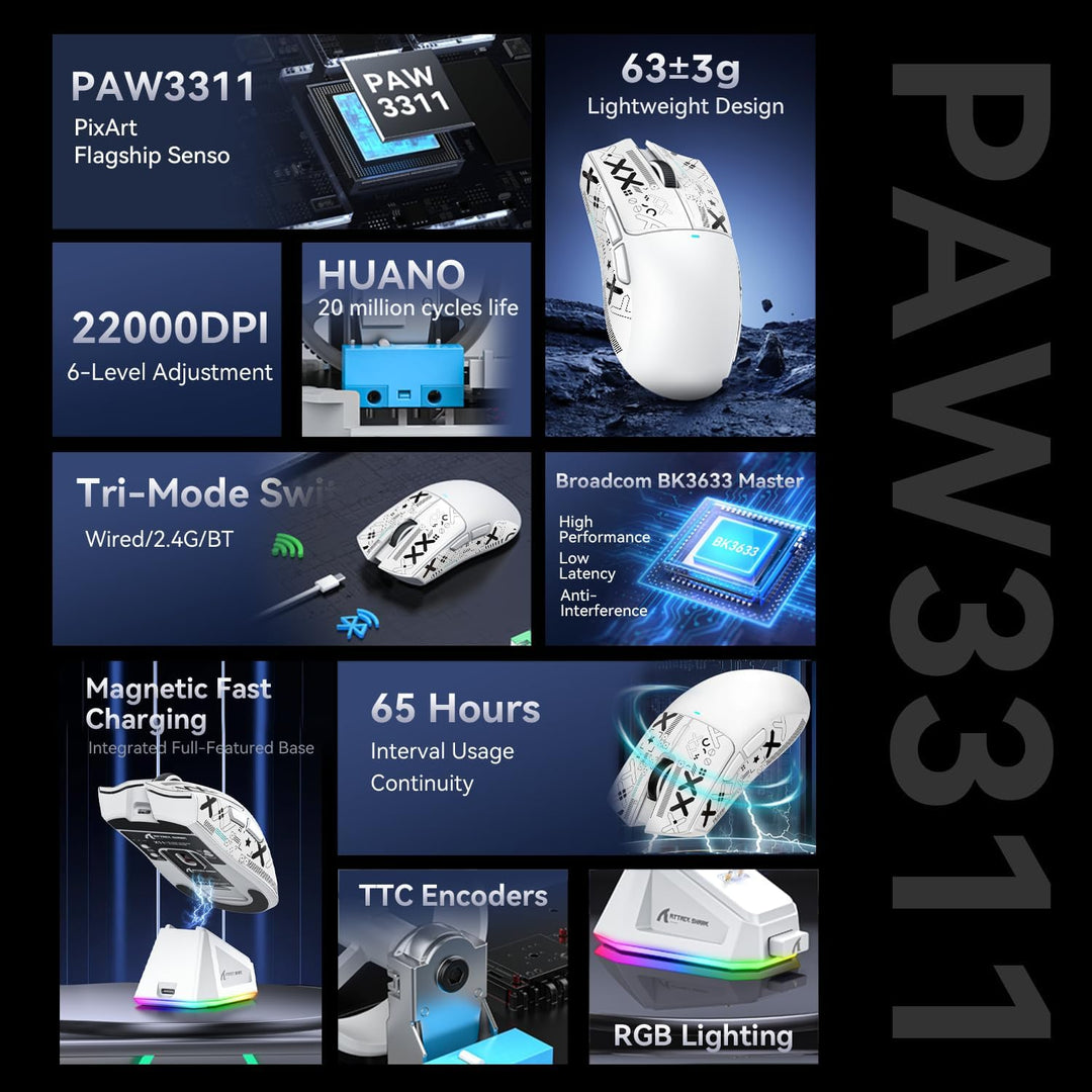 ATTACK SHARK X11 Gaming mit Magnetic Charging Dock, PixArt PAW3311 Sensor, BT/2.4G Wireless/Wired Mo