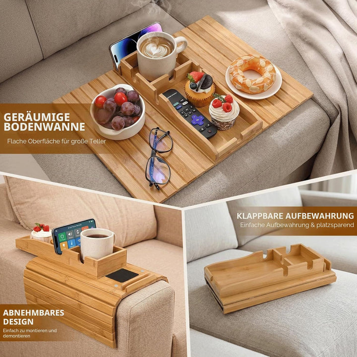 Sofatablett 2-in-1, Bambus Sofa Armlehnen Tablett mit Getränkehalter und Tablet Ständer, Faltbarer C