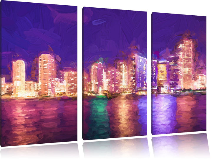 Pixxprint Schöne Nacht-Szene Skyline von Miami Florida Kunst Pinsel Effekt 3-Teiler Leinwandbild 120