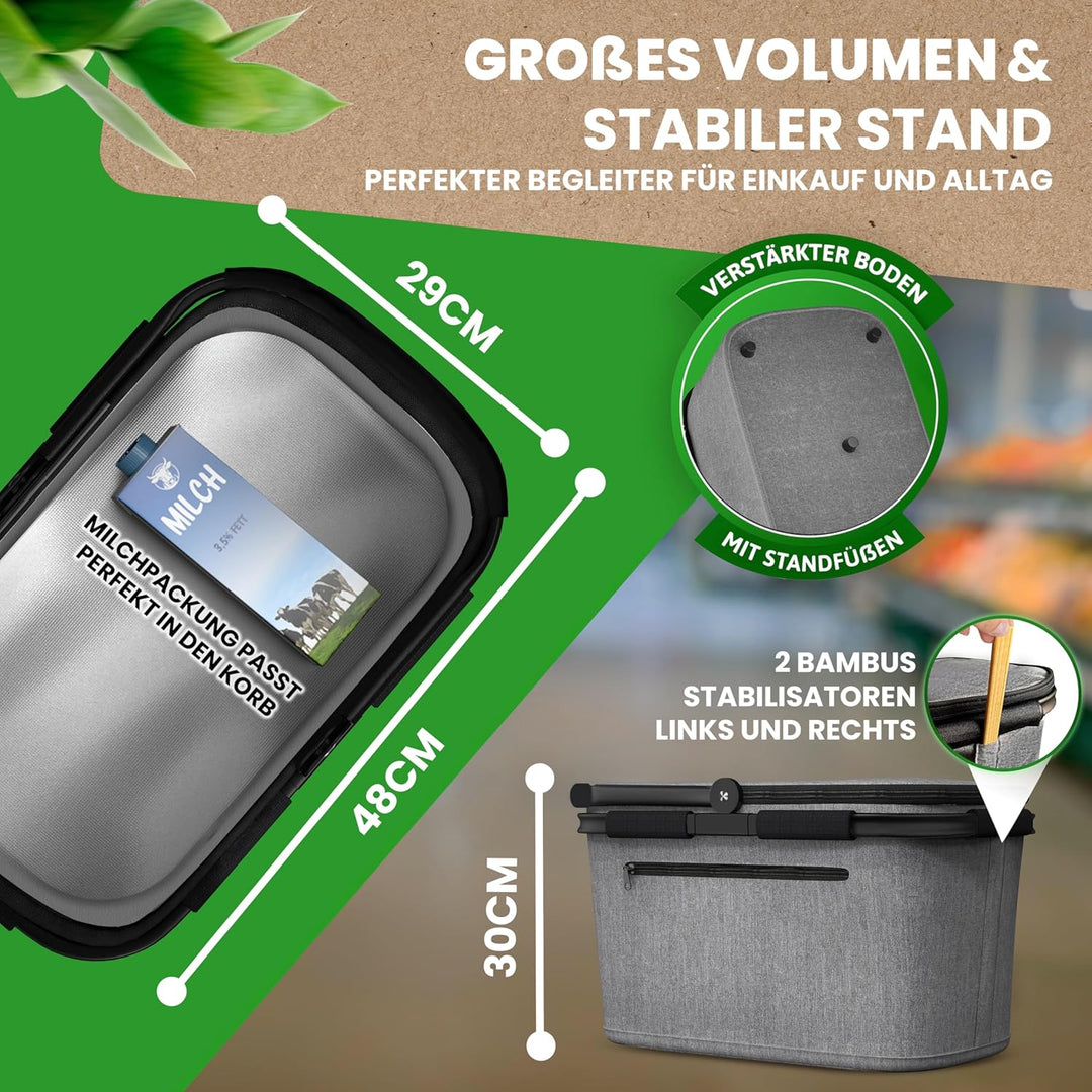 Thermo Einkaufskorb Kühltasche gross | isolierter Einkaufskorb mit Deckel, verstärktem Boden, Frontf