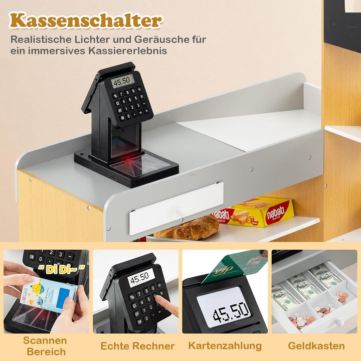 COSTWAY Kaufmannsladen, Kaufladen Kinder mit Einkaufswagen, Supermarkt Holz mit Kasse &amp; 2 Tafeln, Ei