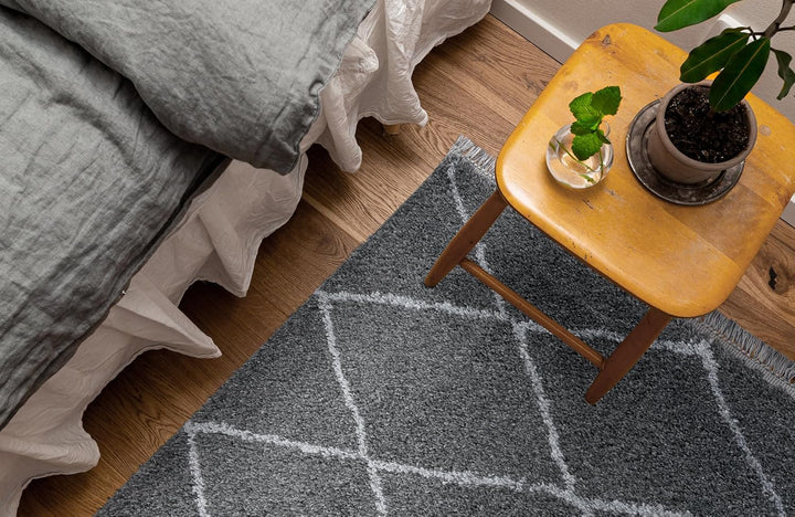 Hochflor Teppich Laufer 80 x 150 Grau Diamantmuster, Super Soft Moderner Shaggy Teppich 80 x 150 cm
