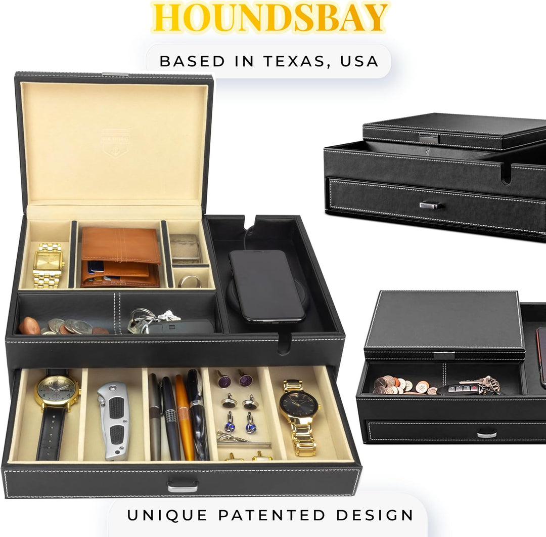 HOUNDSBAY Admiral Kommode Valet Box & Herren Schmuck Box Veranstalter mit Ladestation Smartphone (El