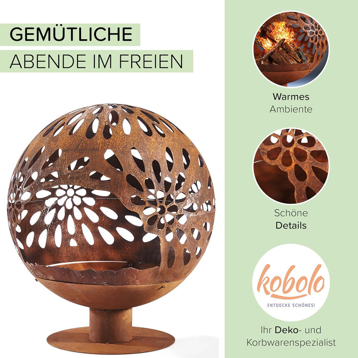 Kobolo Feuerschale Feuerkorb Bloom Kugelform 60x60x69cm Durchmesser 60cm mit Motiv - Metall Rostopti