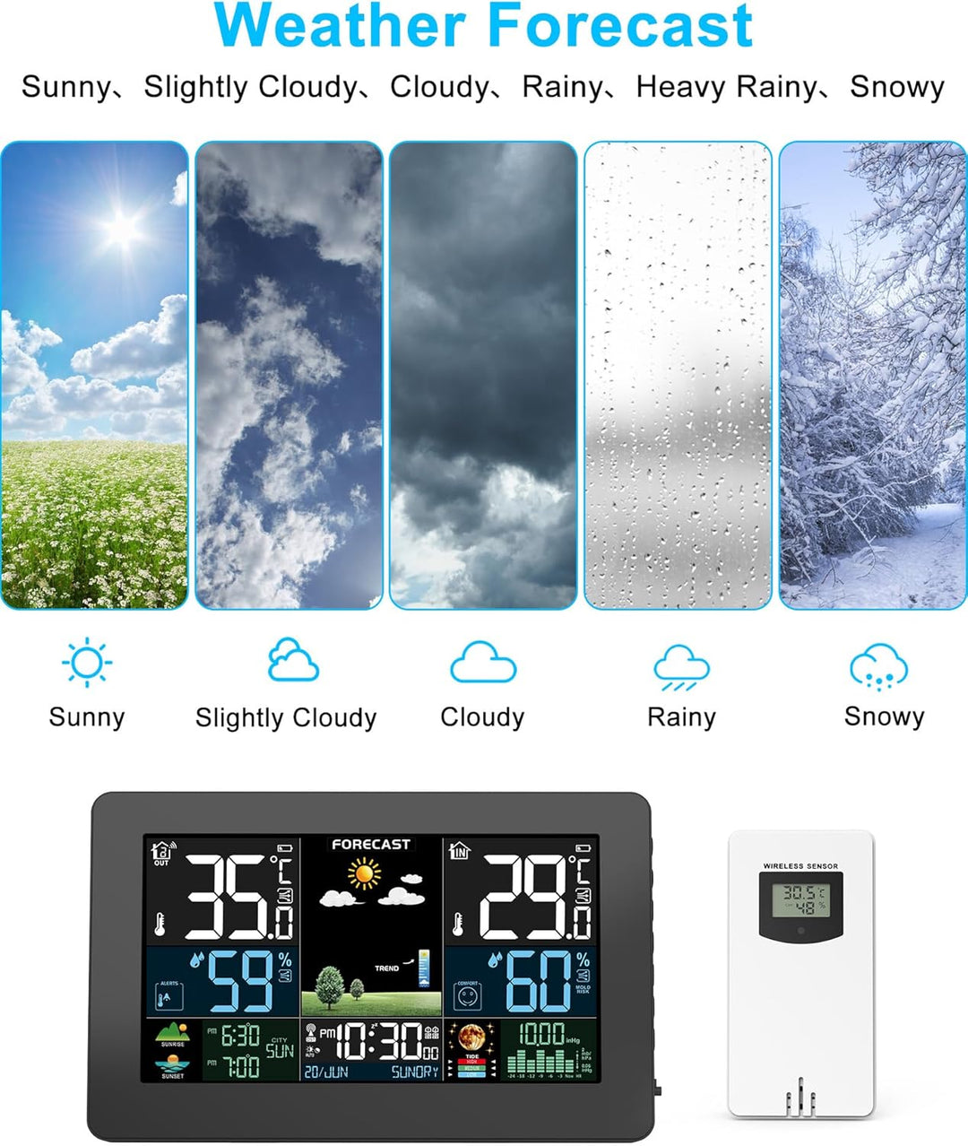 Wetterstation Funk mit Aussensensor, Farbdisplay, Wettervorhersage, Temperatur, Luftfeuchtigkeit, We