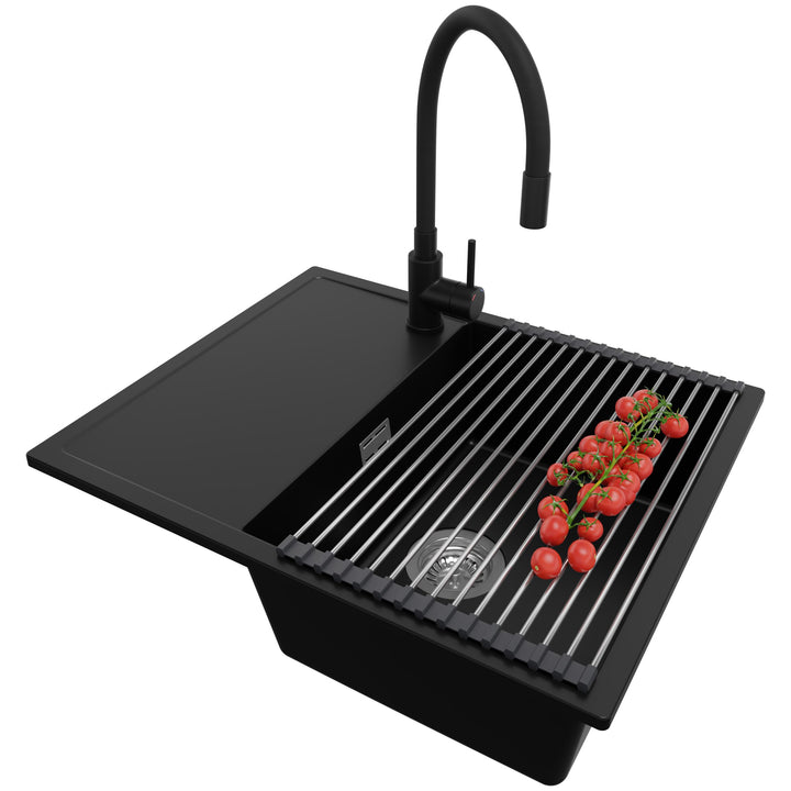PRIMAGRAN Granitspüle Schwarz 62x50cm, Spülbecken 1 Becken + Küchenarmatur 40x38cm + Zuberhor-Set, K
