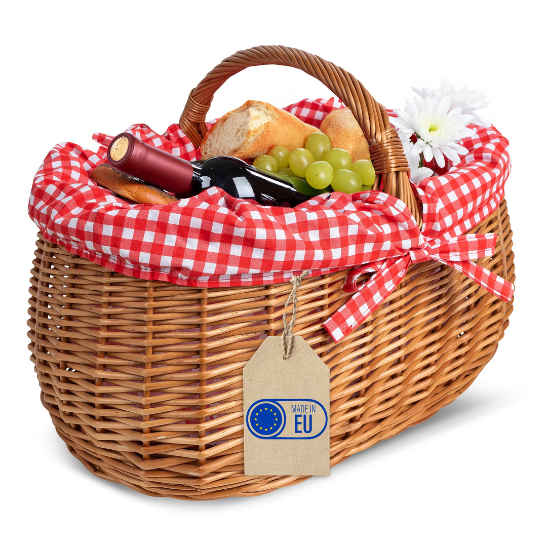 Creative Home Grosser Picknickkorb mit rot karierter Stoffeinlage | Weidenkorb mit Henkel | Einkaufs