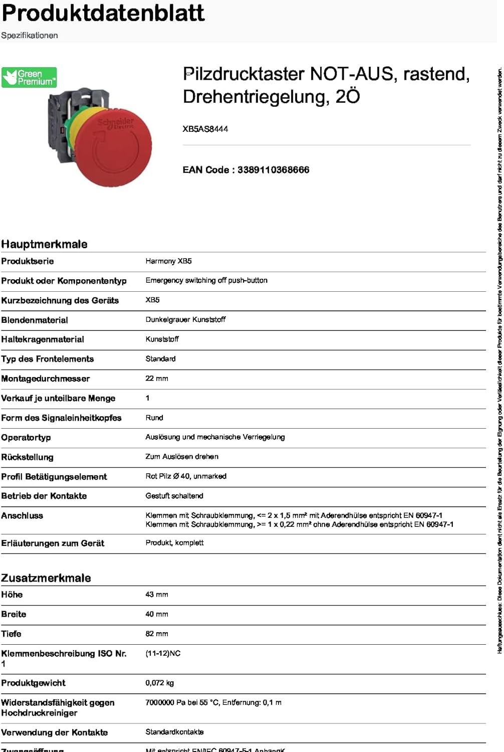 Schneider Electric - Harmony, Pilzdrucktaster NOT-AUS, rastend, Drehentriegelung, 2Ö, XB5AS8444 Kuns
