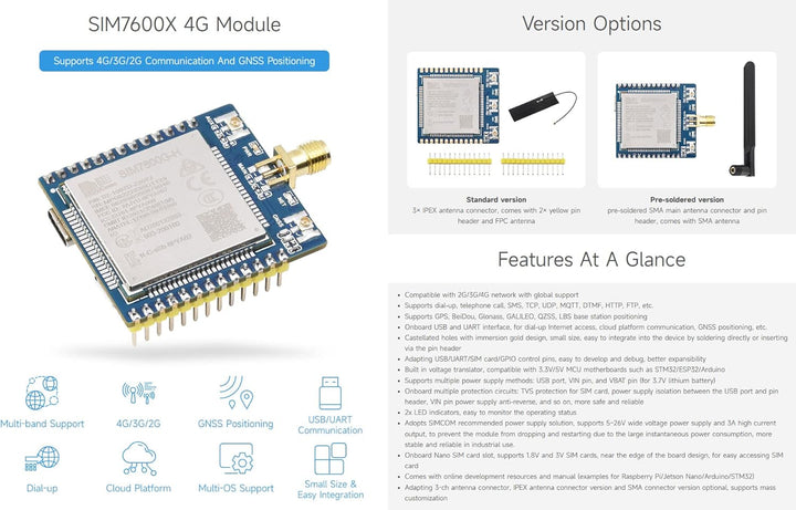 Waveshare SIM7600G-H 4G-Module, Support GNSS Positioning/4G/3G/2G, Support Windows/Linux Dial-up Int