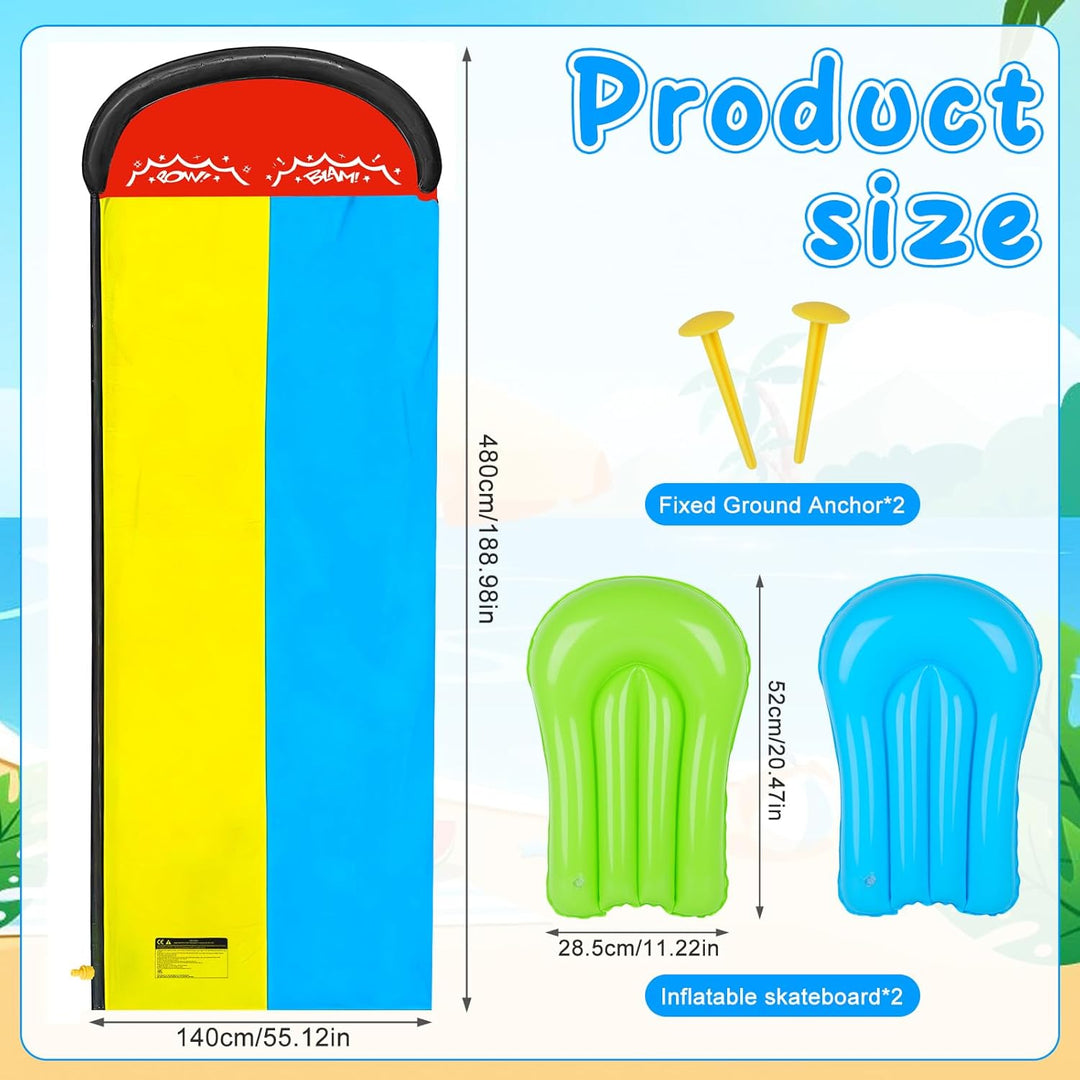 Mineup Wasserrutsche Garten, 480 x 140cm Wasserrutschmatte mit 2 Bodyboards, Doppelrutsche mit Einge