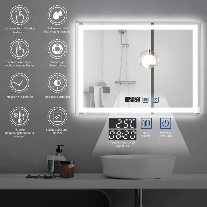 YOURLITE Badspiegel mit Beleuchtung 80x60cm, LED Spiegel Bad, 3 Lichtfarben dimmbar, Badezimmerspieg