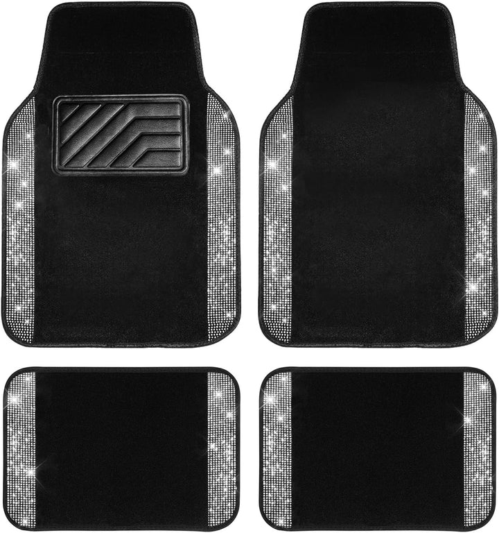 CAR PASS Universal Fit Glorious Strass-Teppich und Leder, komplettes Set, 4-teilig (schwarz und silb