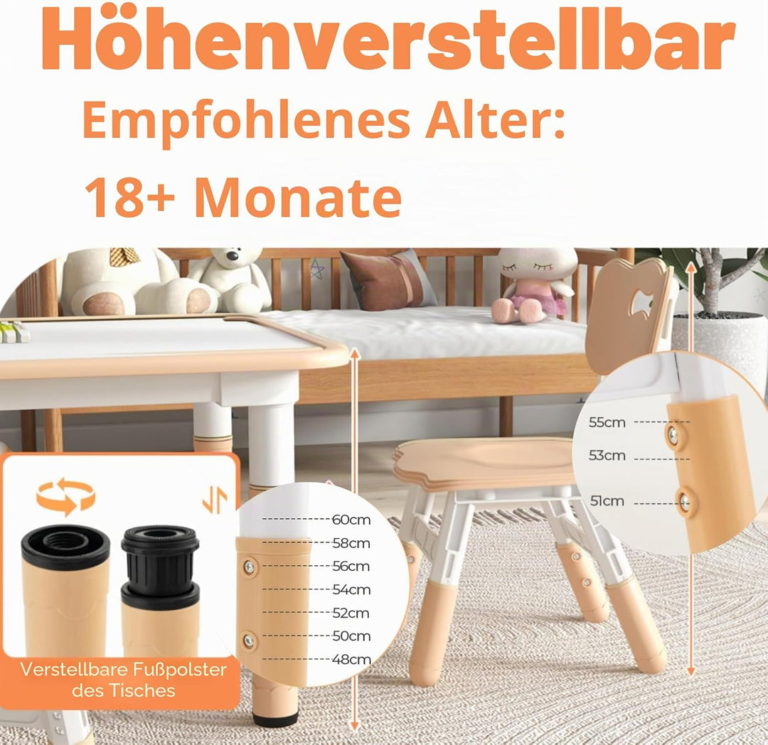 LIFEZEAL Kindertisch mit 4 Stühlen, Höhenverstellbare Kindertischgruppe, Plastik Kindermöbel für Kin
