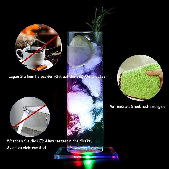 MEDOYOH 4er-Set Quadratisch Bunt LED Untersetzer für Getränke, ON/Off Taste Getränke Untersetzer Set