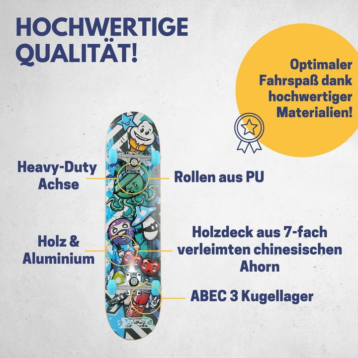 BEST SPORTING Skateboard A3 Kid Octopus – Skateboard 78 cm für Kinder mit rutschfestem Deck – 7-lagi