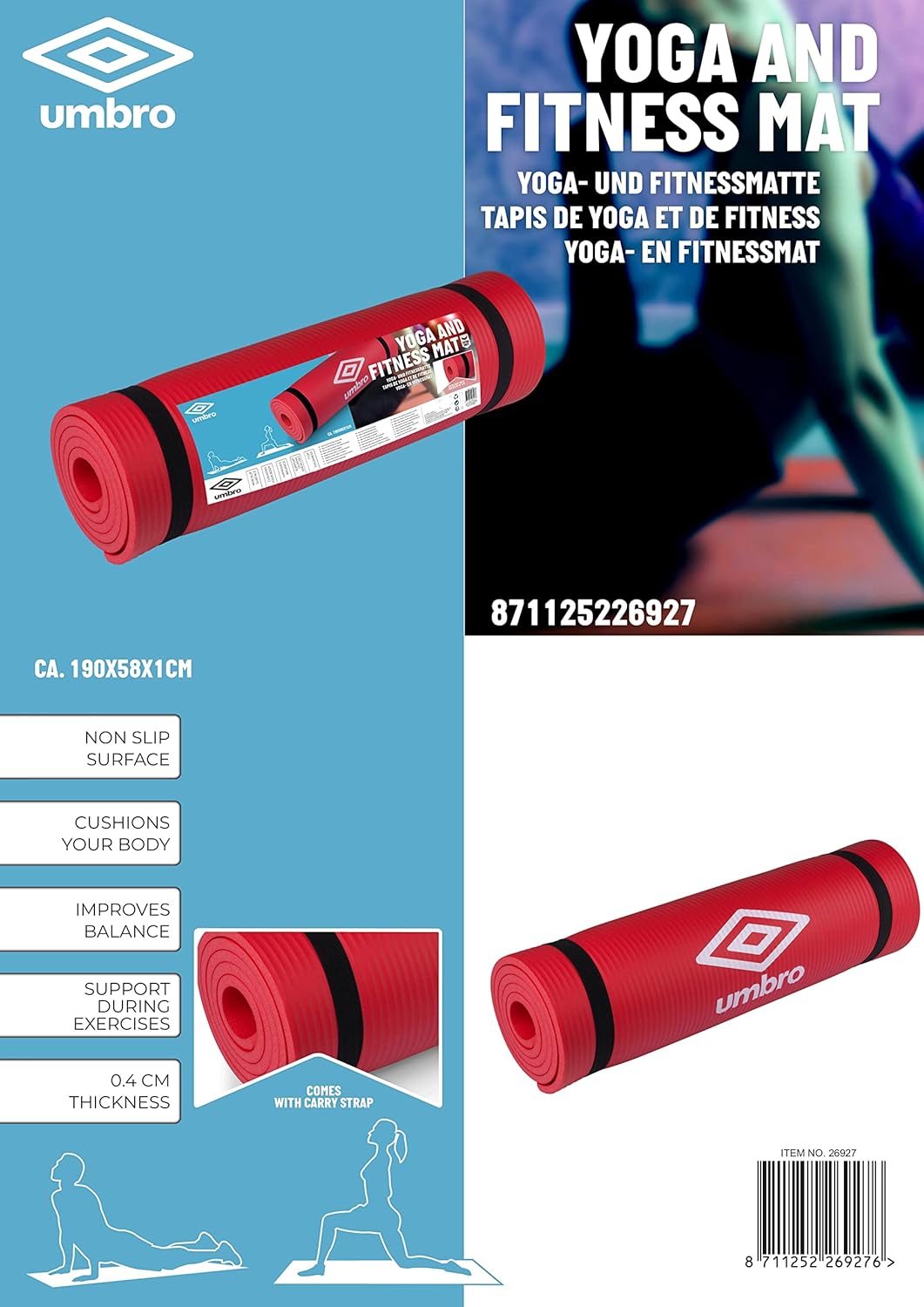 Umbro Faltbare Gymnastikmatte - Yogamatte - Anti-Rutsch Fitnessmatte Rot, Rot