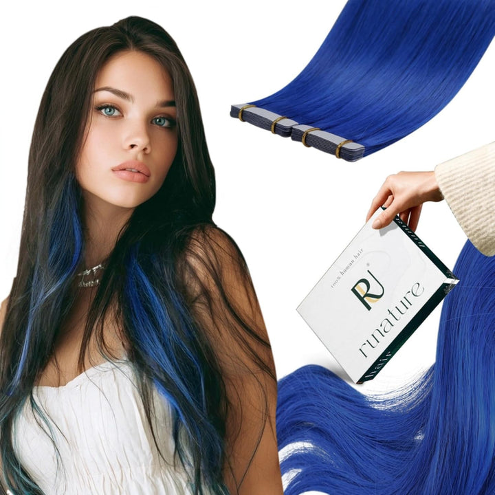 RUNATURE Echthaar Extensions Tape Blau 35cm Echte Haare 10 Stück Unsichtbare Tape Extensions Echthaa