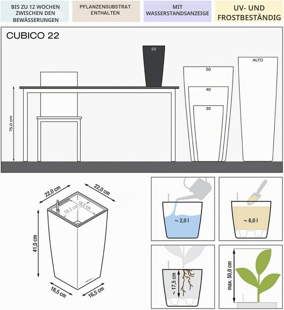 LECHUZA CUBICO Premium 22 anthrazit metallic 18463 22x22x41 cm Anthrazit Metallic, 22x22x41 cm Anthr