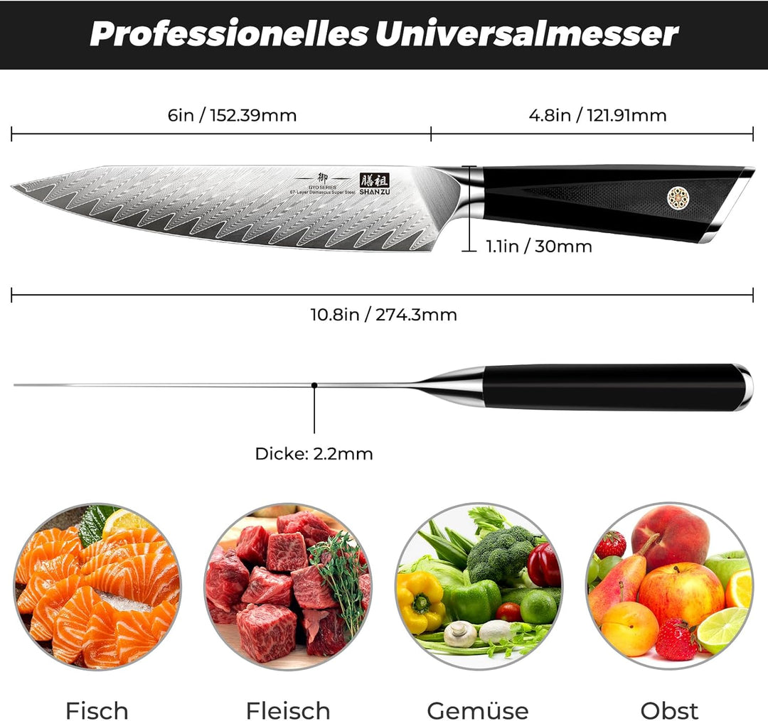 SHAN ZU Kochmesser Allzweckmesser Profi 15cm 67 Schichten Damaststahl Küchenmesser mit G10 Griff - G