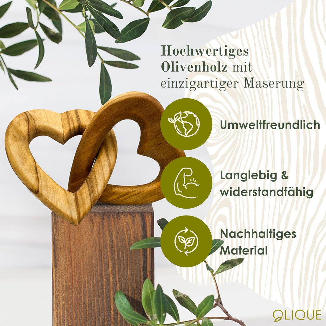 Holzherzen personalisiert, Olivenholz - Verbundene Holz Herzen mit Gravur als individuelles Geschenk