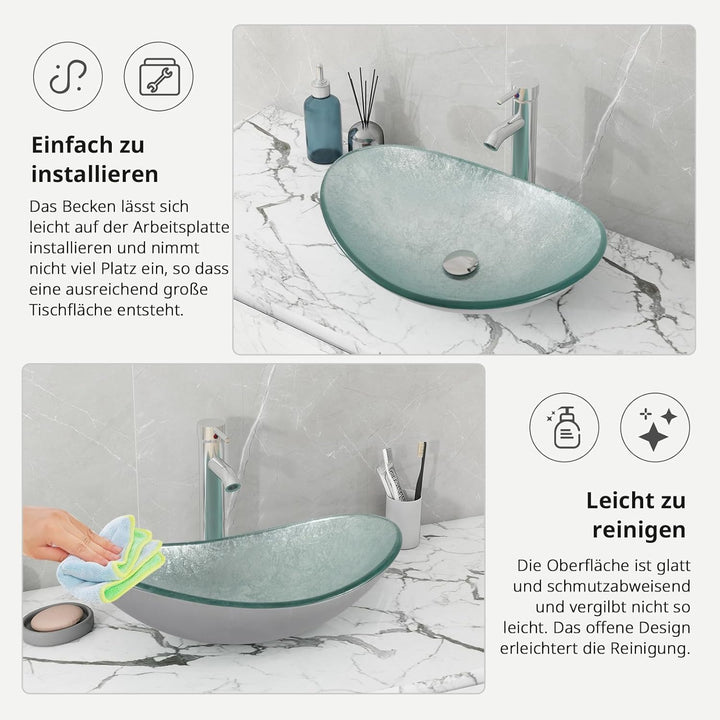 YU YUSING Aufsatzwaschbecken Waschbecken Glas Waschtisch, Oval Hand Waschschale mit Wasserhahn Set,