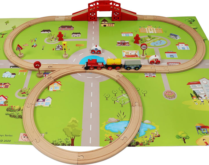TOWO Holzeisenbahnset mit Stadtplan- Shinington-Eisenbahngleisbau Bauspielzeug für 3 Jahre alte Kind