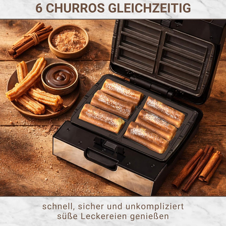 Syntrox Churros Maker mit Wechselplatten, Edelstahl, schnelles Aufheizen, Antihaftbeschichtet, versc