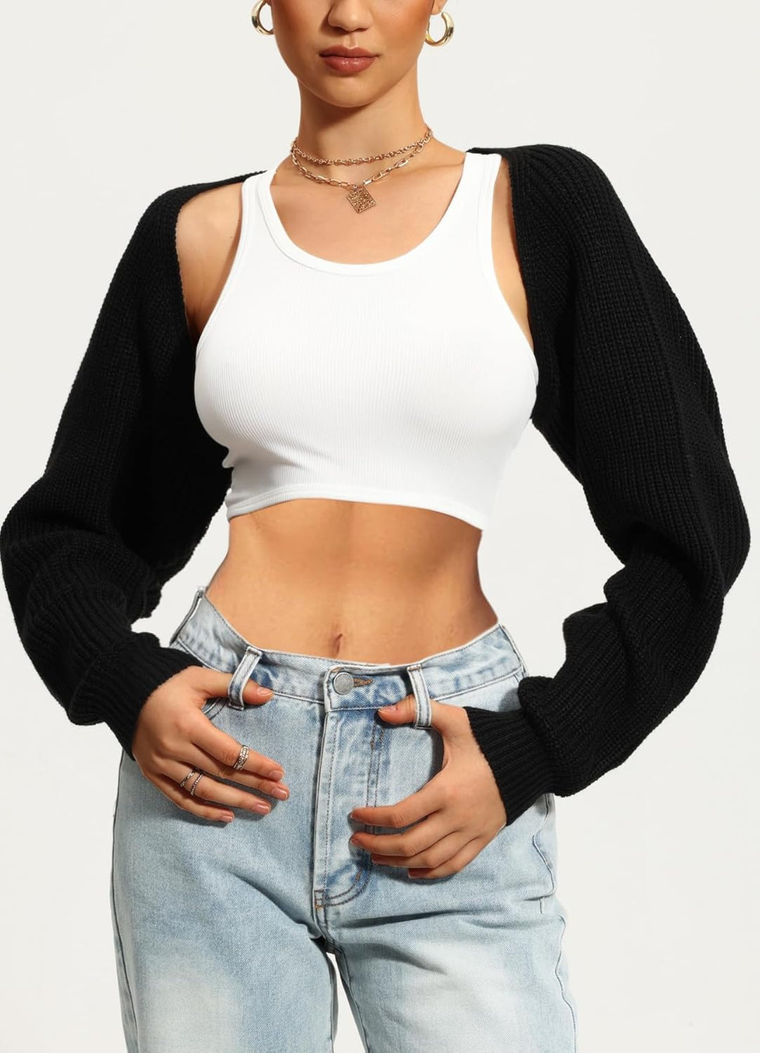 Navneet Bolero Damen Boleros Kurz Oversize Strickpullover Y2K Crop Top Shrug Winter Strickjacke Card