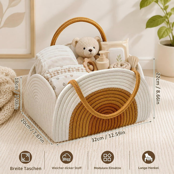 Baby Windel Caddy Organizer, Wickeltisch Organizer mit Fächern und Griffen, Tragbarer Wickeltasche O