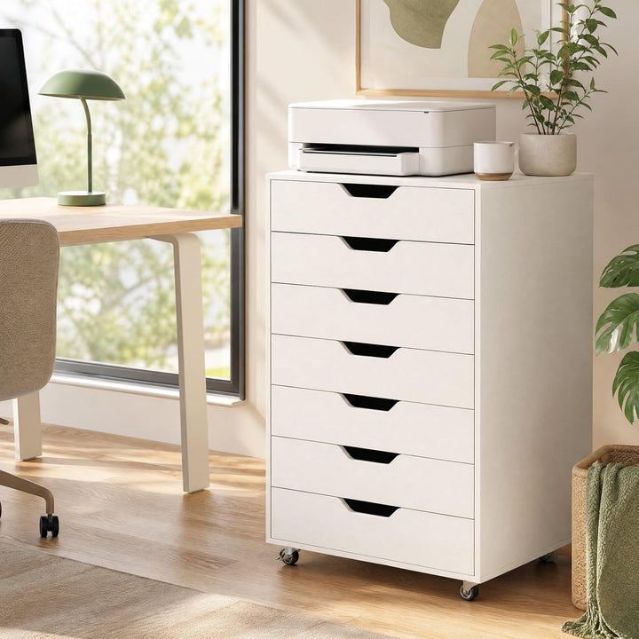 GIANTEX Rollcontainer mit 7 Schubladen, Aktenschrank mit Rollen, Schubladenschrank Holz, Druckertisc