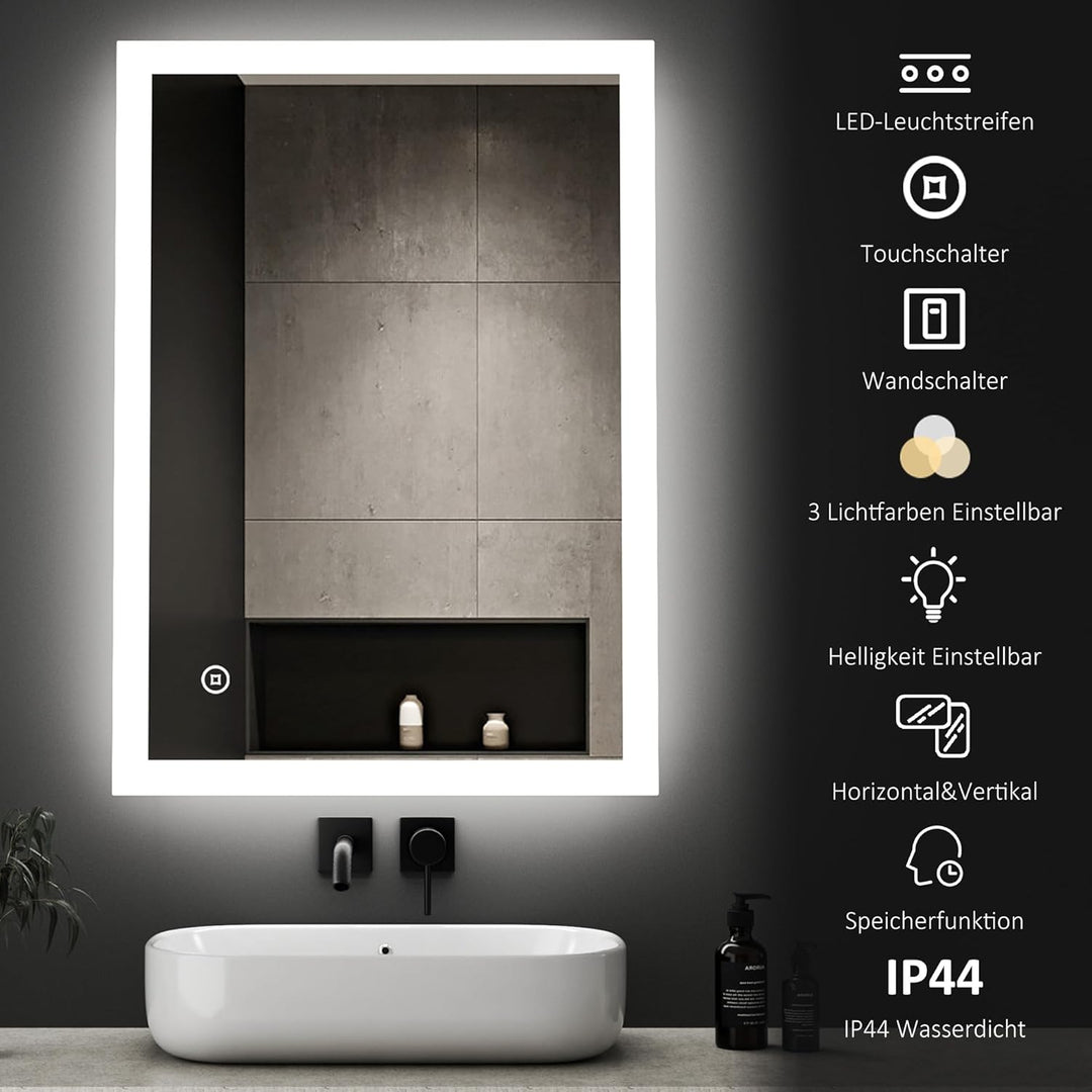 Boromal LED Badezimmerspiegel 40x60cm Badspiegel mit Beleuchtung Badezimmer Wandspiegel 3 Lichtfarbe