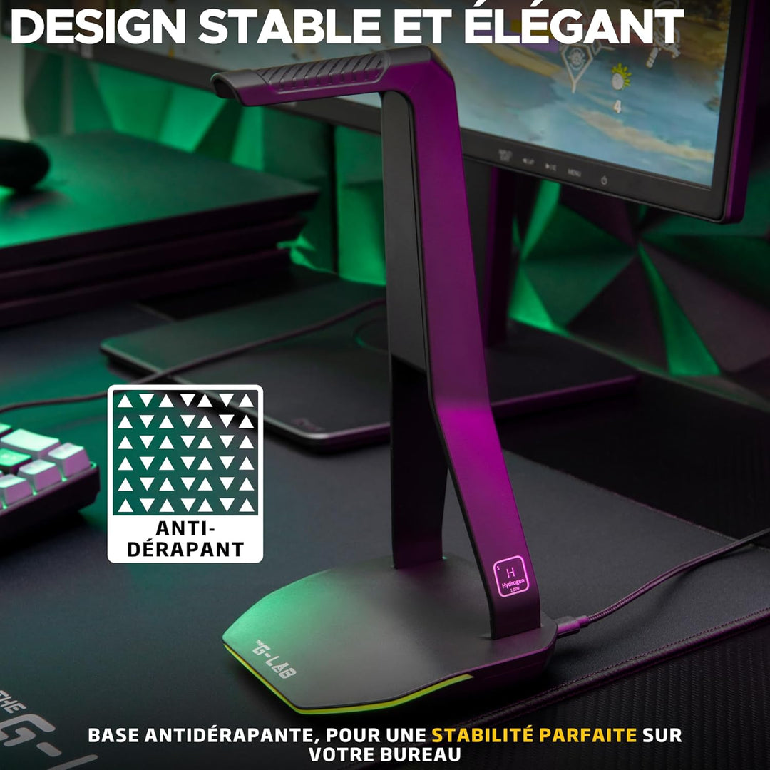 The G-Lab – K-Stand Hydrogen – Gaming Kopfhörer Ständer – RGB mit 7 Farben, EIN/Aus-Schalter, 2X USB