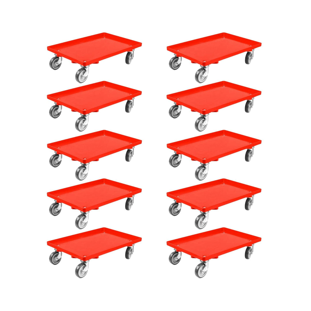 SparSet 10x Transportroller für Euroboxen 60x40cm mit Gummiräder rot | Geschlossenes Deck | 2 Lenkro