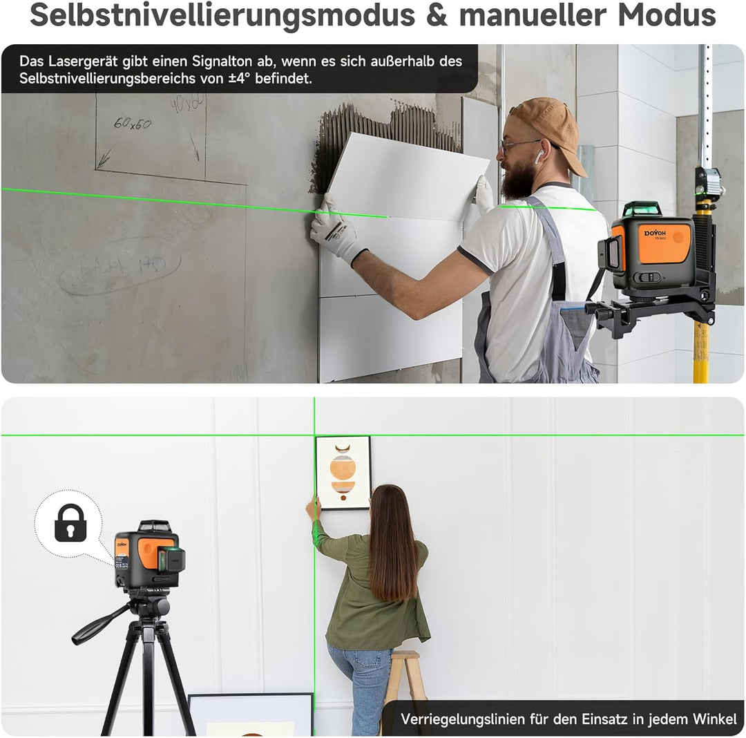 Kreuzlinienlaser Grün 3x360°, DOVOH 3D Linienlaser kreuzlaser nivelliergerät selbstnivellierend, 12