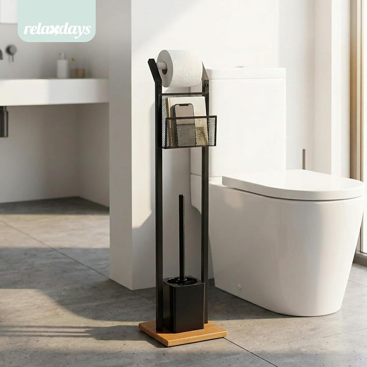 Relaxdays, schwarz Garnitur mit Ablage, Papierhalter, WC-Bürste, Bürstenhalter, quadratischer Fuss,