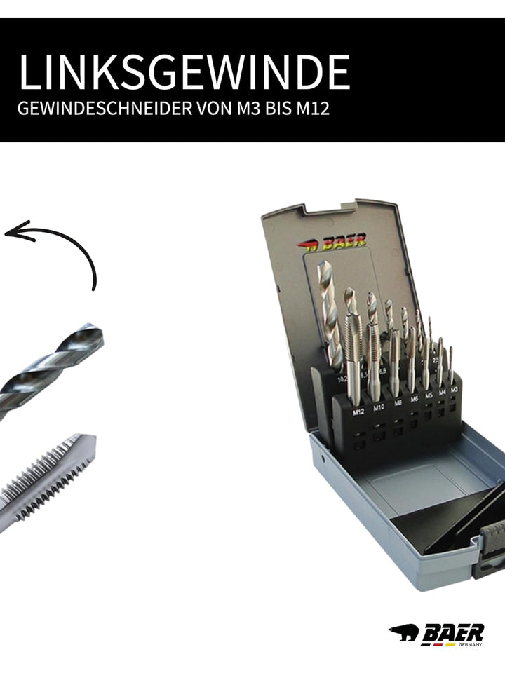 BAER Gewindeschneider Set M3 - M12 HSSE Linksgewinde- Bohrer Set Maschinengewindebohrer Durchgangslo
