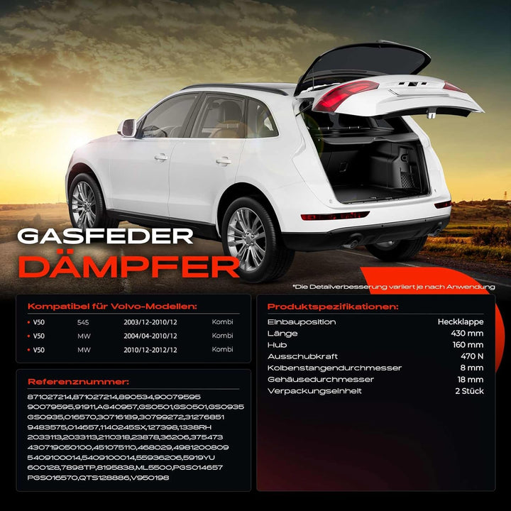 Frankberg 2x Gasfeder Dämpfer Heckklappe Kompatibel mit V50 545 1.8L-2.5L Kombi 2003-2010 V50 MW 1.6