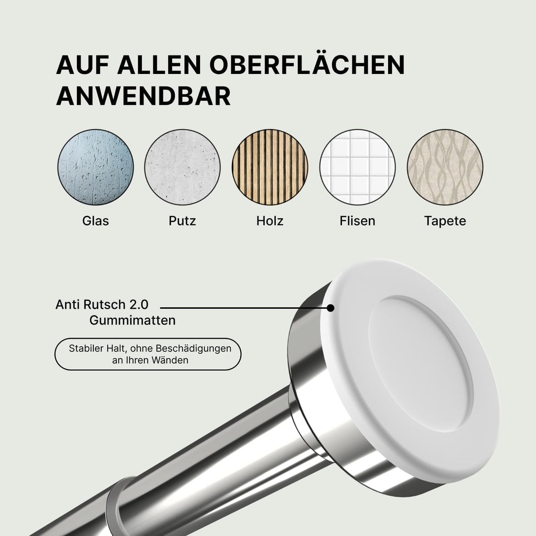 MEISENBERG Gardinenstange zum Klemmen 90-160cm, Silber, Ø 25 mm, Duschvorhangstange ohne Bohren - Vo