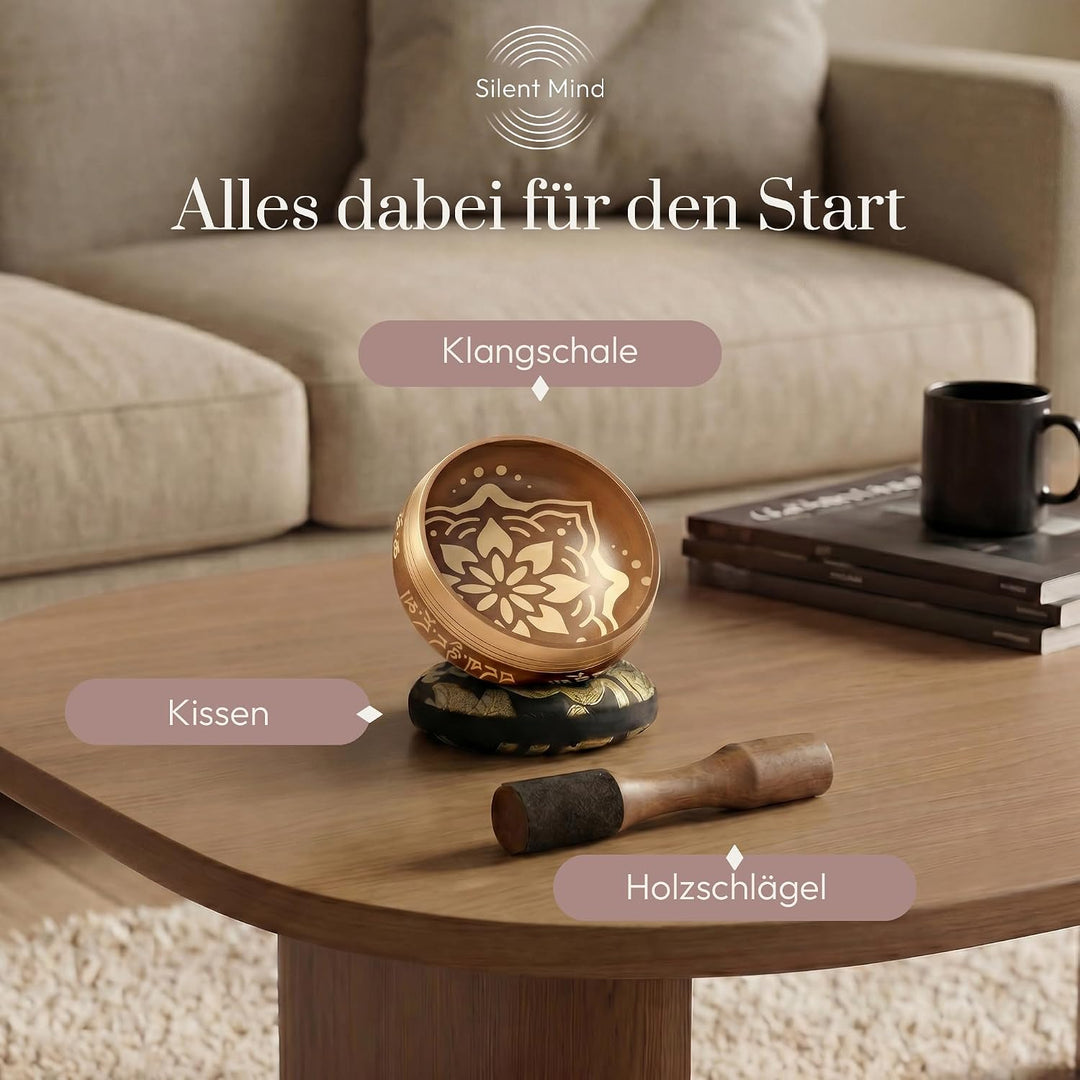 Silent Mind Klangschale Ø10cm Bronze – Handgefertigtes Komplett-Set mit Kissen und Klöppel, für Anfä