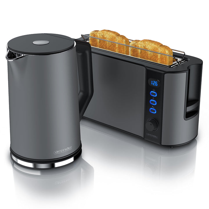 Arendo - Wasserkocher und Toaster im SET Edelstahl Cool Grey, Wasserkocher 1,5L 40°-100°C Warmhaltef