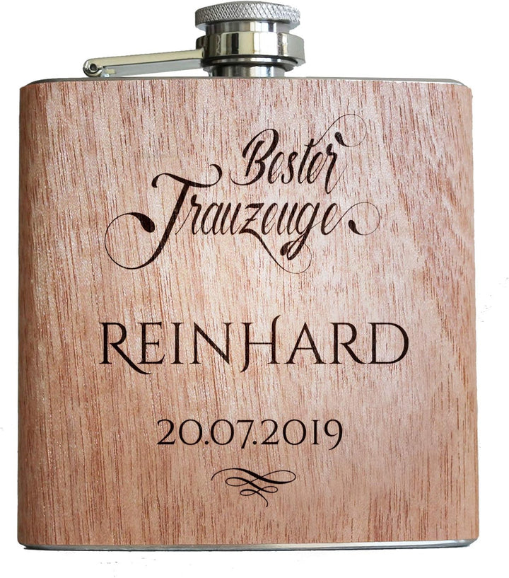 Holz Flachmann Bester Trauzeuge, mit persönlicher Namens Gravur | Geschenk Wunsch Name Datum gravier