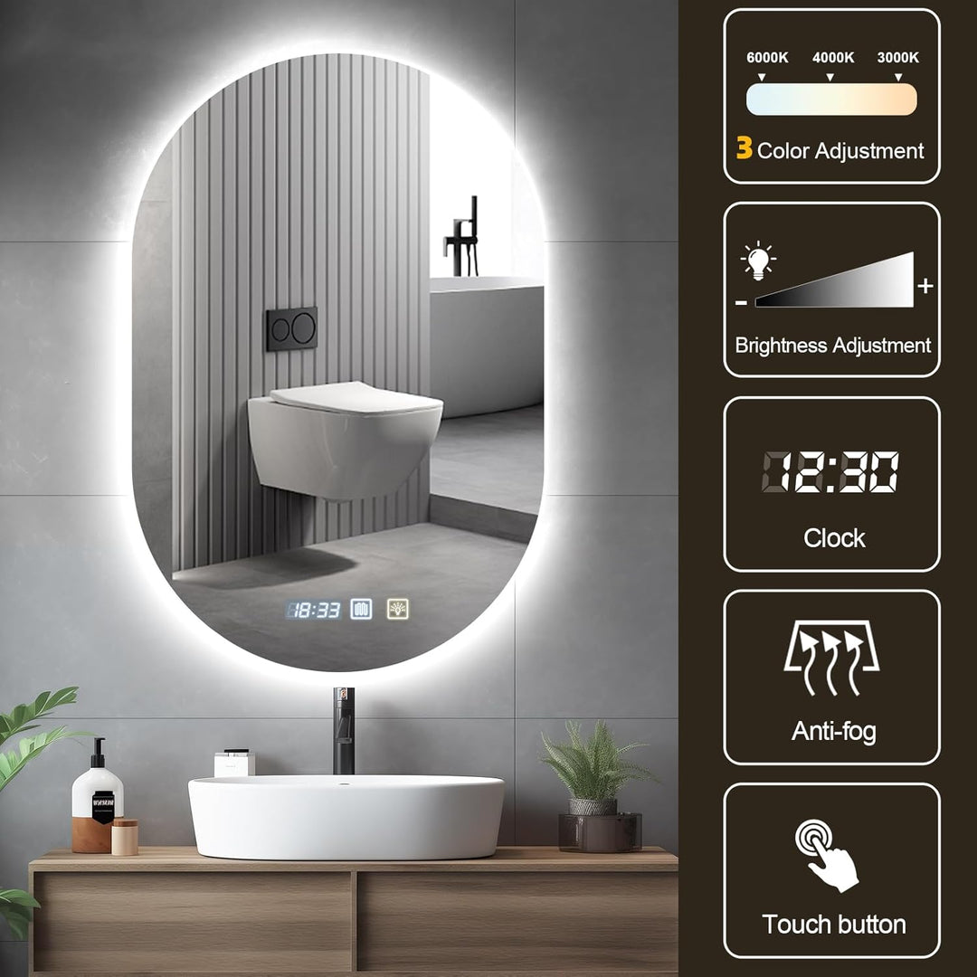 Badspiegel Rund mit Beleuchtung 50 cm x 75 cm, Badspiegel Rund mit Uhr, LED, Dimmbar, 3 Lichtfarben,