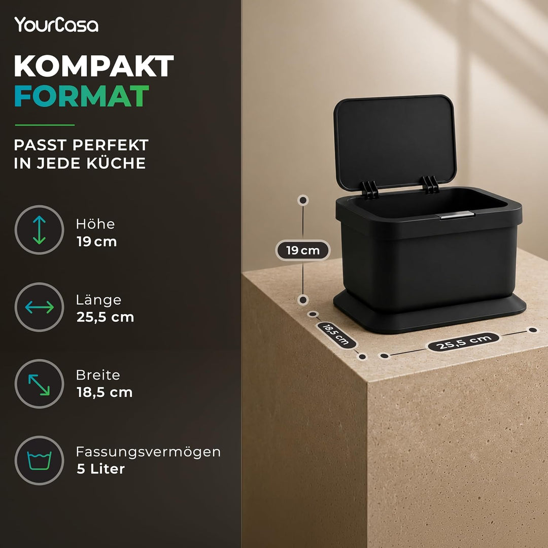 YourCasa® Biomülleimer Küche 5L - geruchsdichter Bio Mülleimer mit Deckel & Knopfdruck-Mechanismus -