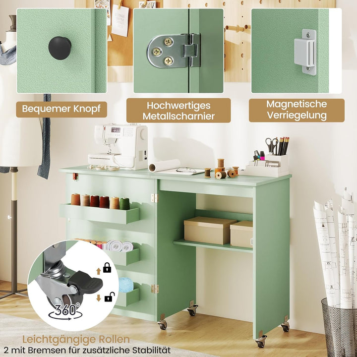 COSTWAY 2 in 1 Nähtisch klappbar, Nähmaschinenschrank Holz mit Regalen &amp; Ablagefach, Nähschrank mit