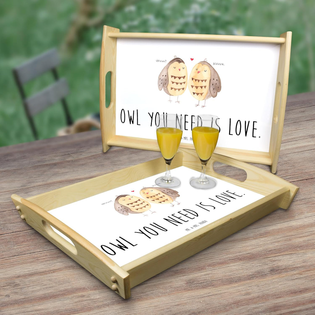 Mr. &amp; Mrs. Panda Sofa Tablett Eulen Liebe - Geschenk, Liebesspruch, Dekotablett, aus Holz, Verliebt,