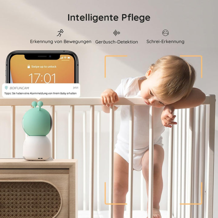 BOIFUN Babyphone mit 2 Kamera App, 2K HD Bild, PTZ 355°/60°, 4×Zoom, Automatische Verfolgung, Weinen
