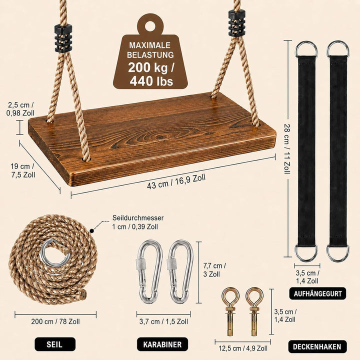 Holzschaukel für Garten &amp; Innenbereich – Schaukelsitz aus Massivholz (43x20x2,5cm) bis 200kg, Kinder